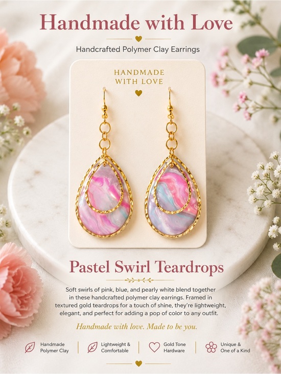 Handmade Jewelry - Handmade Pastel Swirl Teardrop Earrings - Pink & Blue